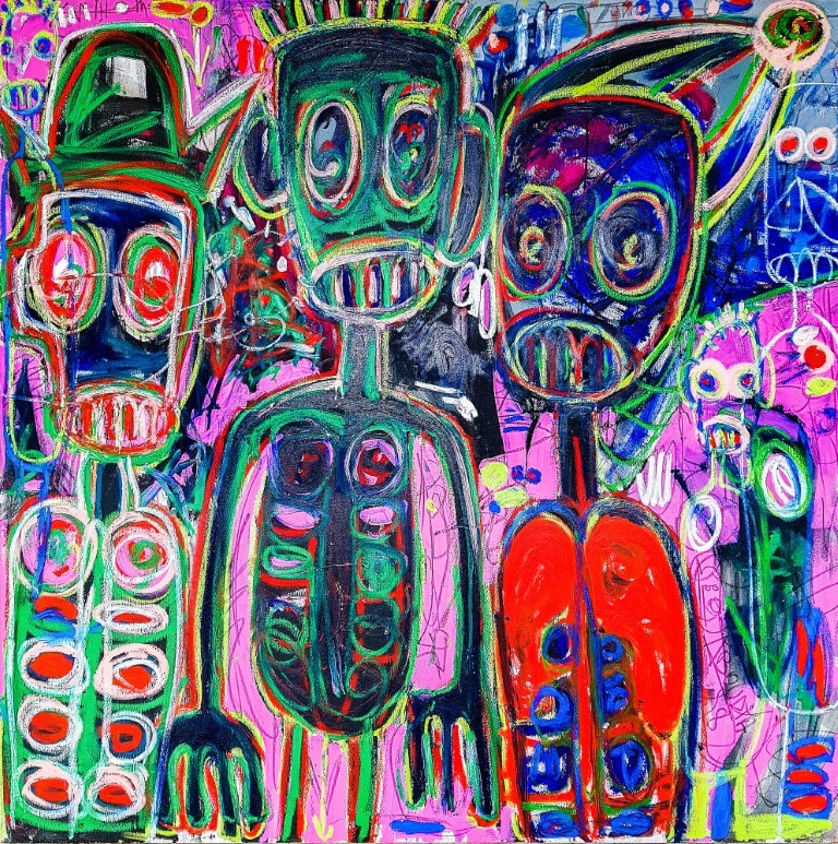 artsy Aboudia Trois amis III 2018 150x150cm Acrylic and pastels on canvas 1811 Medium