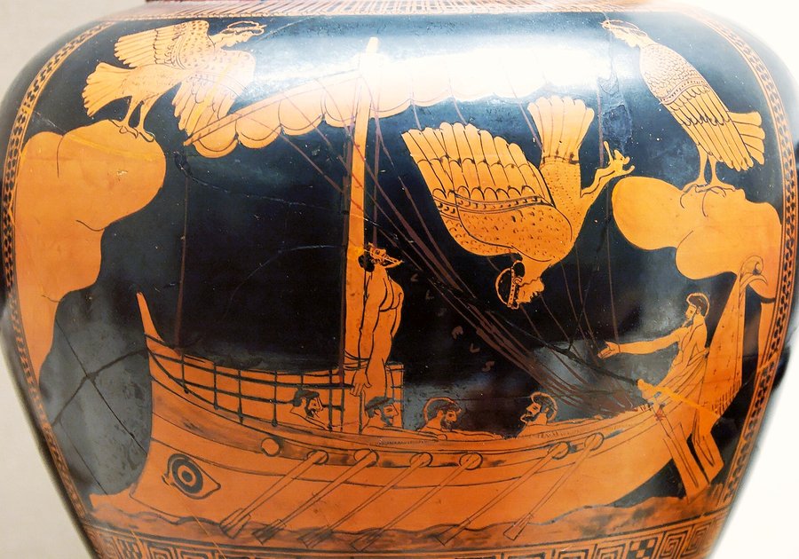 Odiseo atado al mástil ante las sirenas, estamno ático