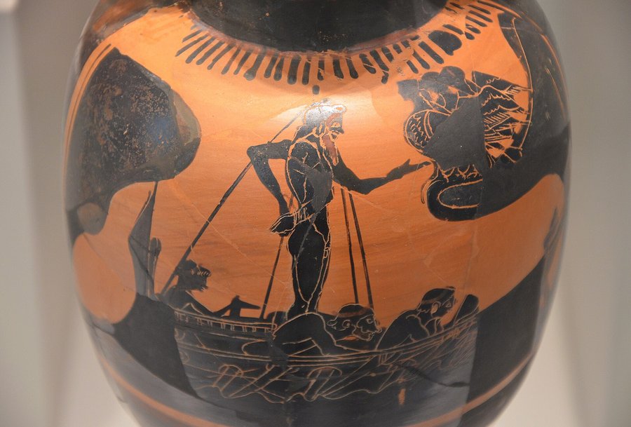 Enócoe ática de figuras negras con Odiseo y las sirenas