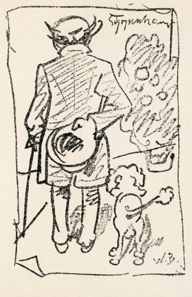 Arthur Schopenhauer con su caniche caricaturizado por Wilhelm Busch
