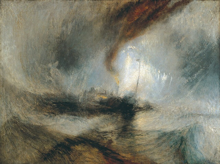 Tormenta de nieve: un barco de vapor frente a la entrada de un puerto (h. 1842)
